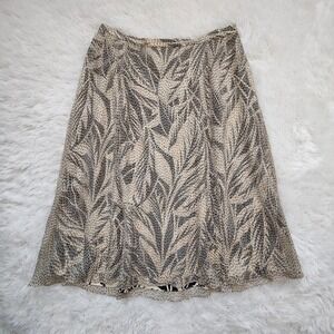 Talbots Pure Silk Abstract Leaf Midi Skirt Beige Black Lined Womens Resort Luxe
